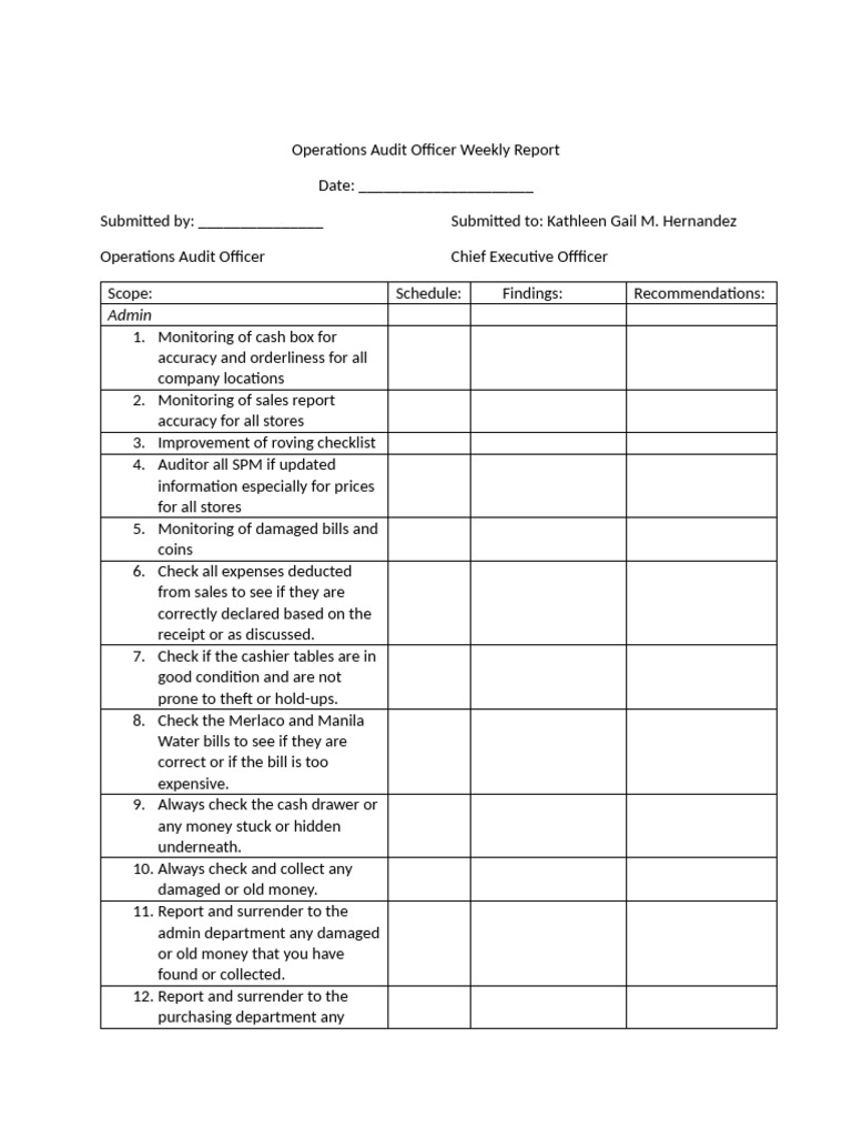 Operations Audit Officer Weekly Report | PDF | Audit | Business
