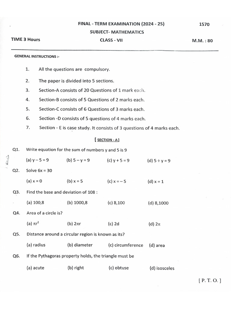 Class 7th Previous Year Sample Paper | PDF