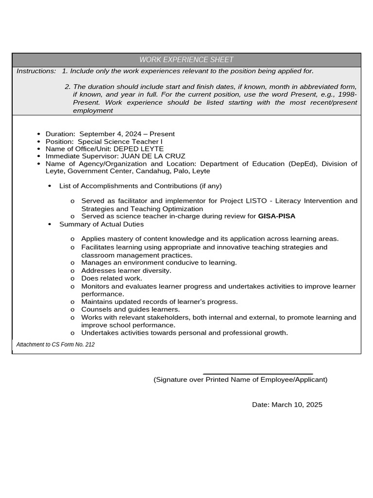 Work Experience Sheet | PDF
