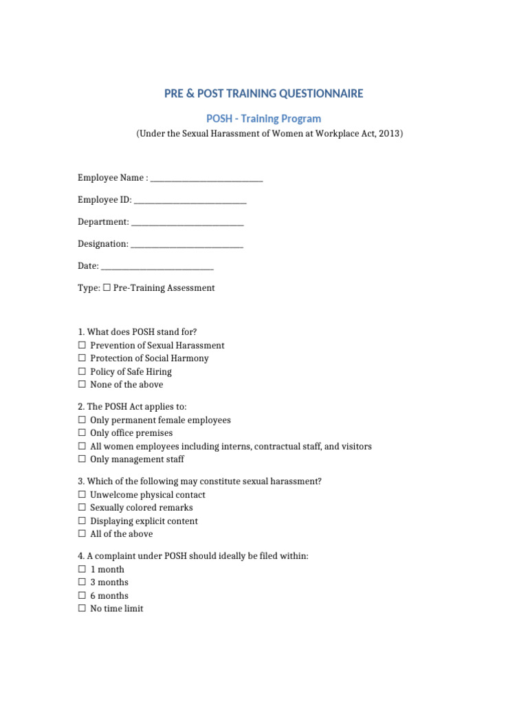 POSH Pre Post Training Questionnaire | PDF | Sexual Harassment | Harassment