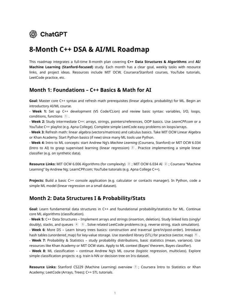 8-Month C++ DSA & AI - ML Roadmap | PDF | Machine Learning | C++