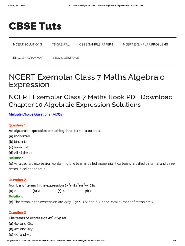 NCERT Exemplar Class 7 Maths Algebraic Expression - CBSE Tuts | PDF ...