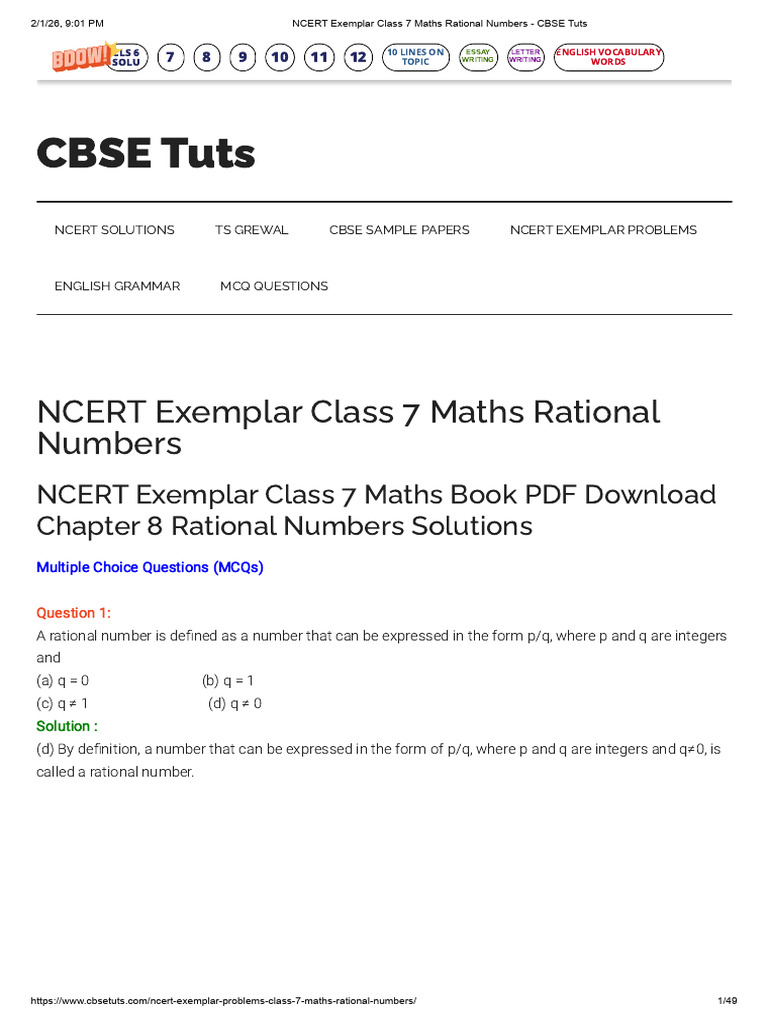 NCERT Exemplar Class 7 Maths Rational Numbers - CBSE Tuts | PDF ...