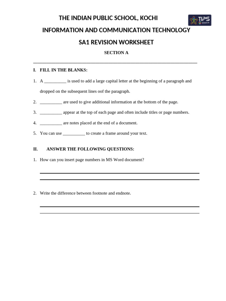G6 - SA1 Revision Worksheet1 | PDF