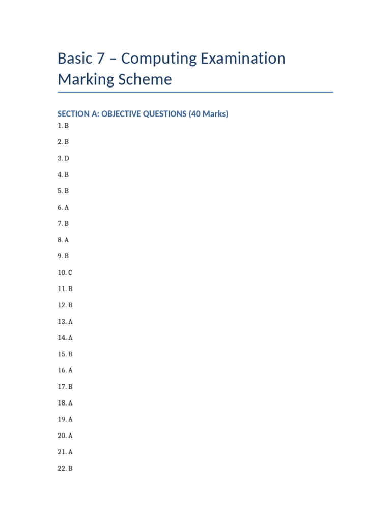 Basic7 Computing Exam Marking Scheme | PDF