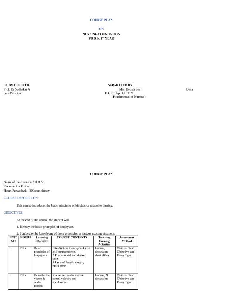 Course Plan For Biophysics | PDF | Gravity | Force