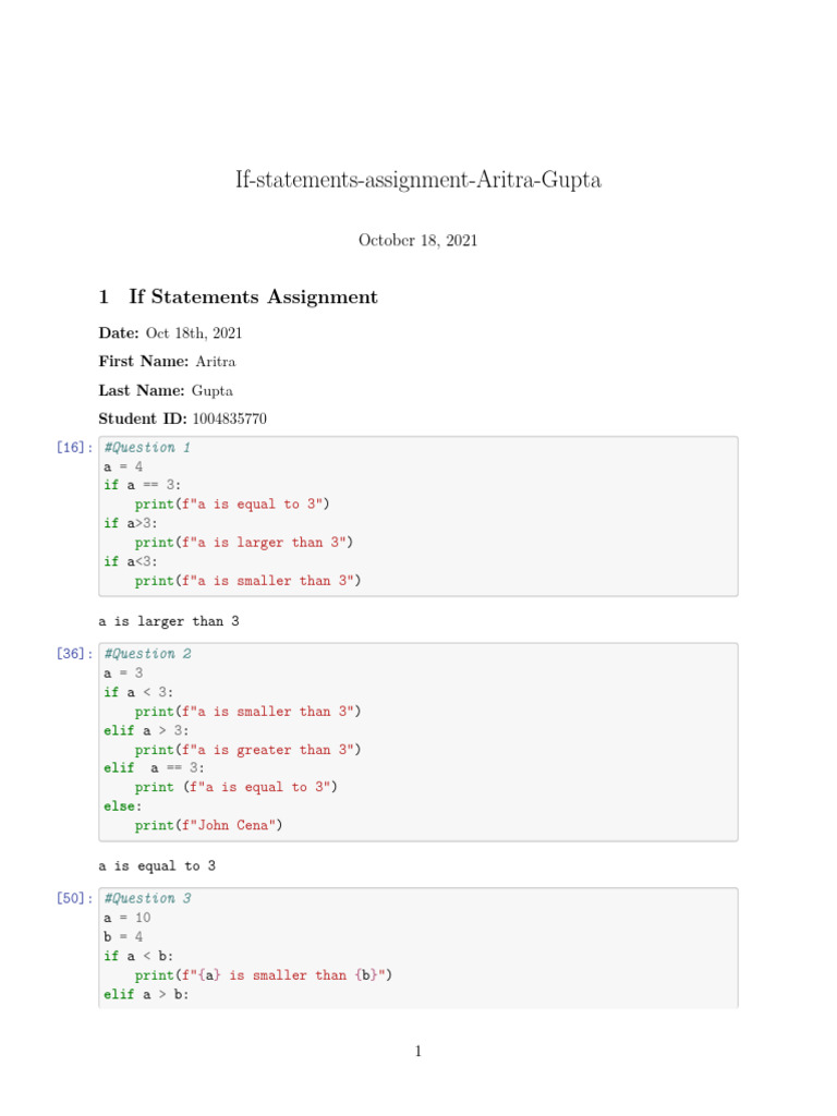 If Statements Assignment Aritra Gupta | PDF | Control Flow | Functional ...