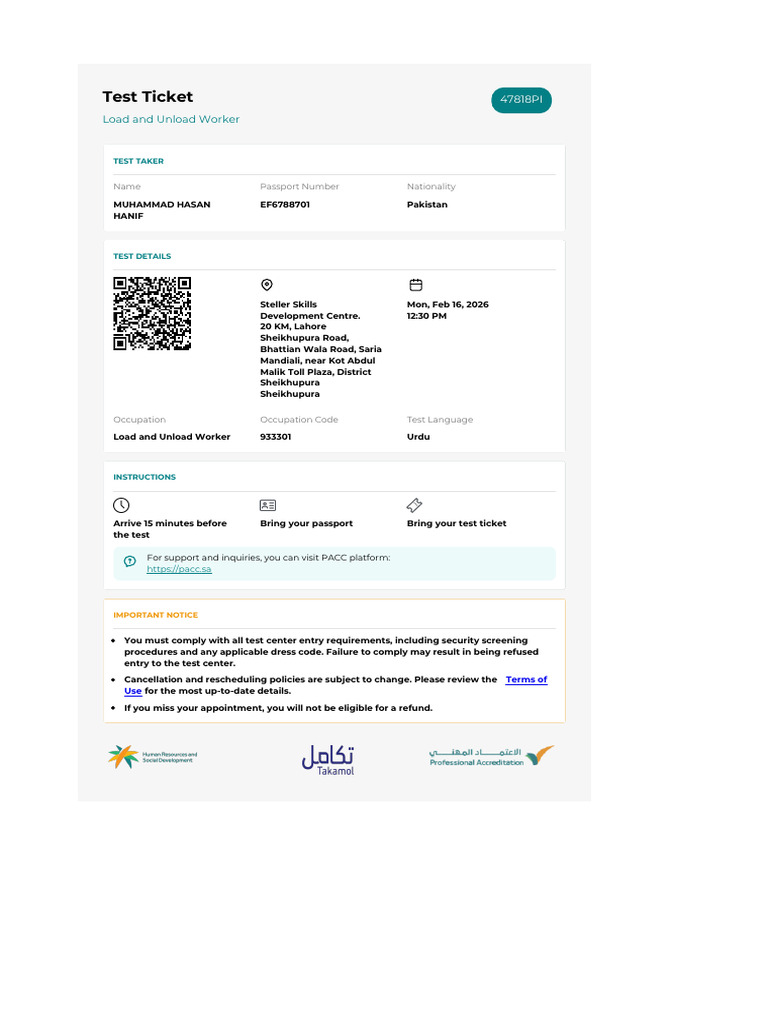 Muhammad Hasan Hanif - Load and Unload Worker - Ticket - 3293427 | PDF