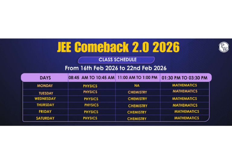 JEE Comeback 2.0 2026 - Class Schedule | PDF