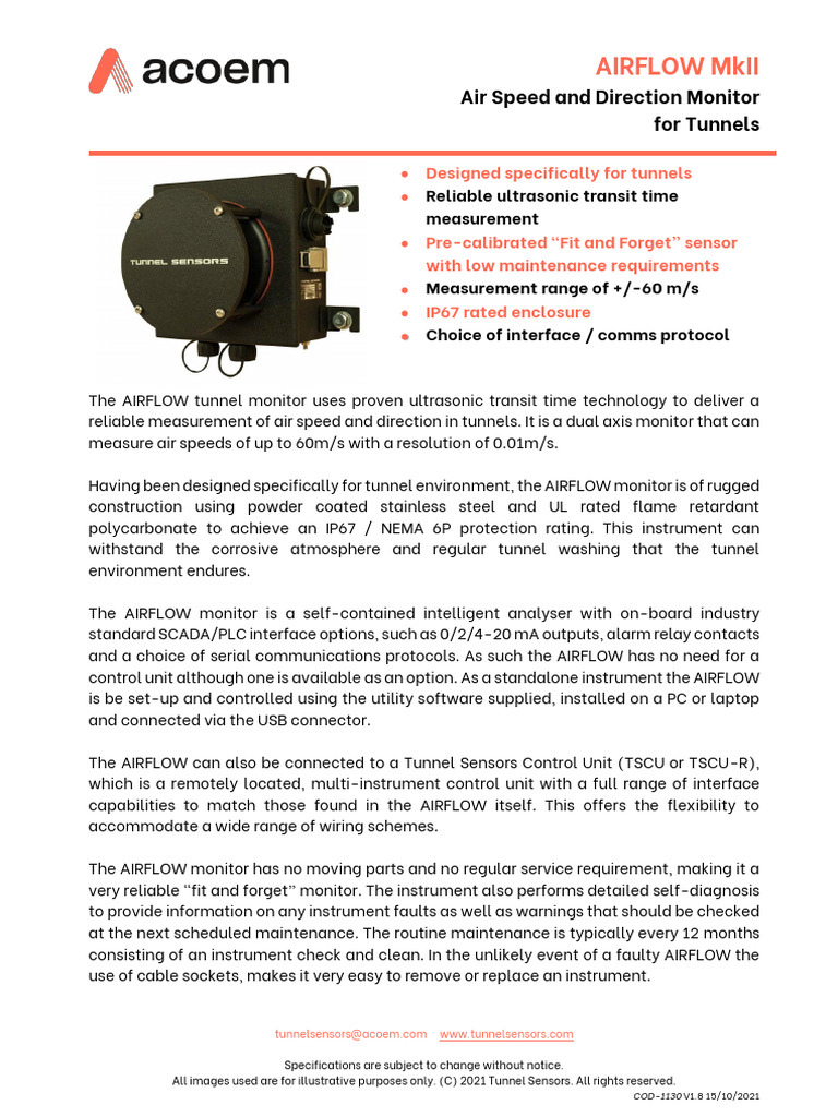 AIRFLOW MkII Data Sheet V1.8 ACOEM Tunnel Sensors | PDF | Usb ...