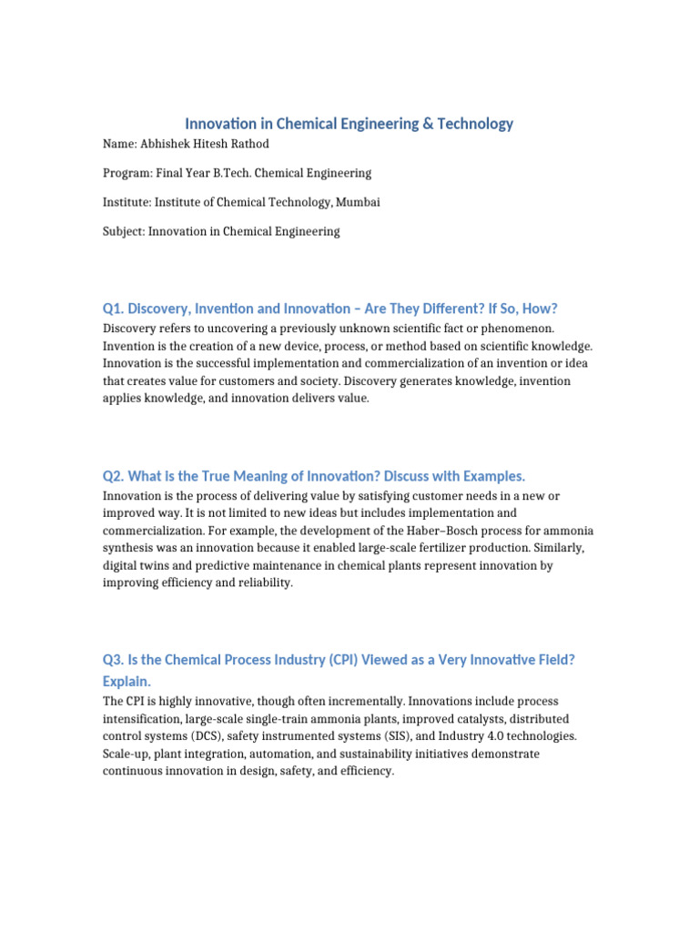 Innovation in Chemical Engineering Assignment | PDF | Innovation | Patent