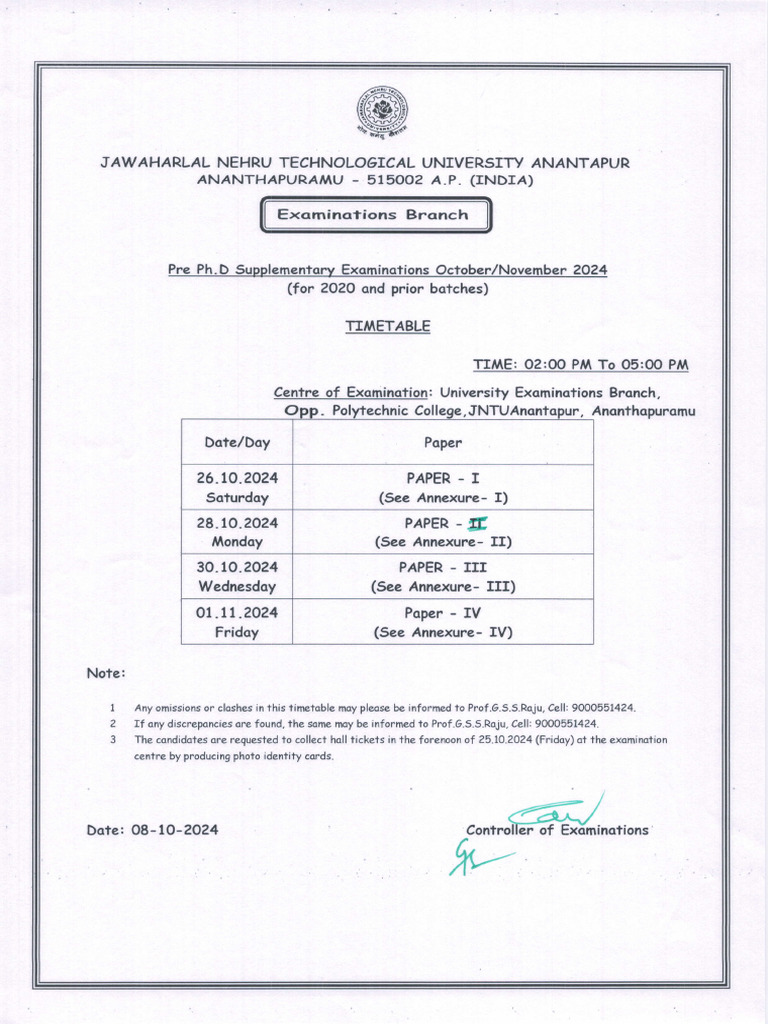 Timetable For Pre PH D Supple Oct Nov 2024 Exams 13ebd5e11a | PDF ...