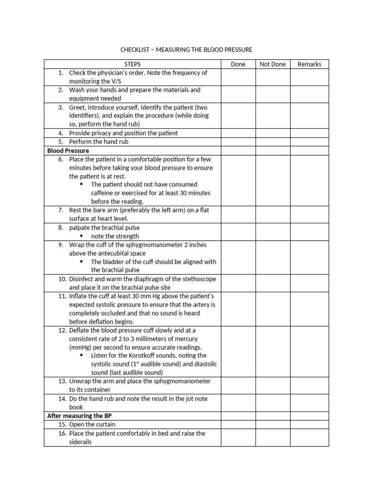 Checklist Measuring The Blood Pressure | PDF