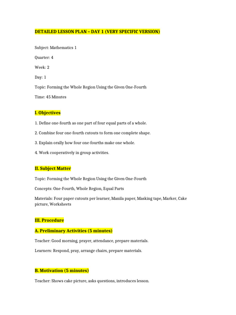Detailed Lesson Plan Day1 Highlighted | PDF