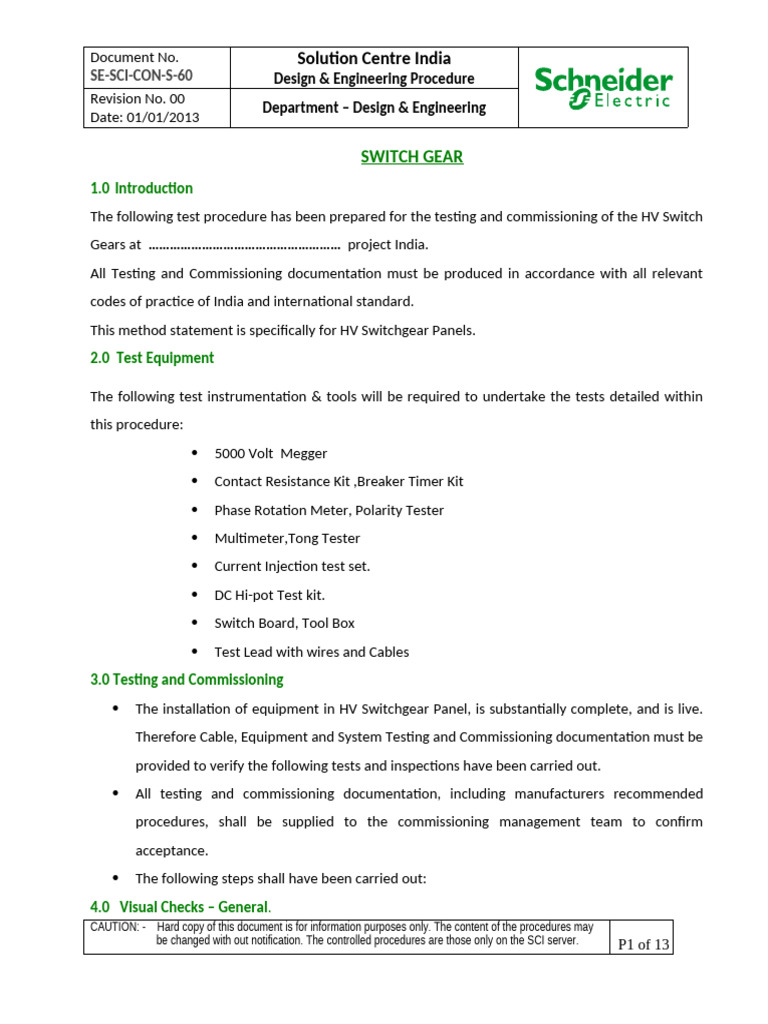 Switch Gear Testing Procedure | PDF | Fuse (Electrical) | Electrical ...