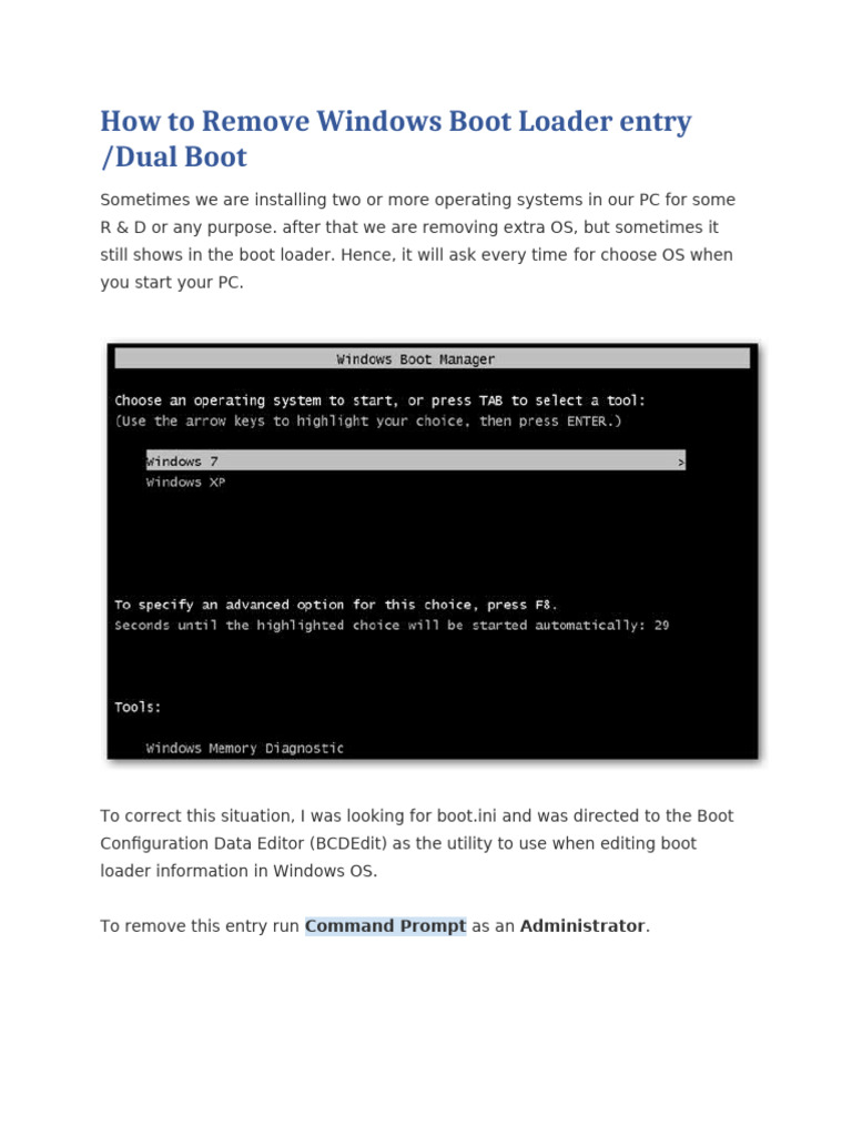 How To Remove Windows Boot Loader Entry - Dual Boot | PDF