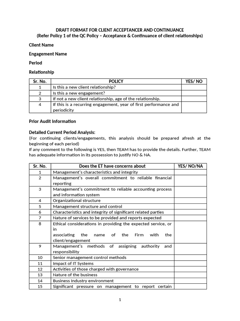 Draft Format For Client Acceptance and Continuance | PDF | Internal ...