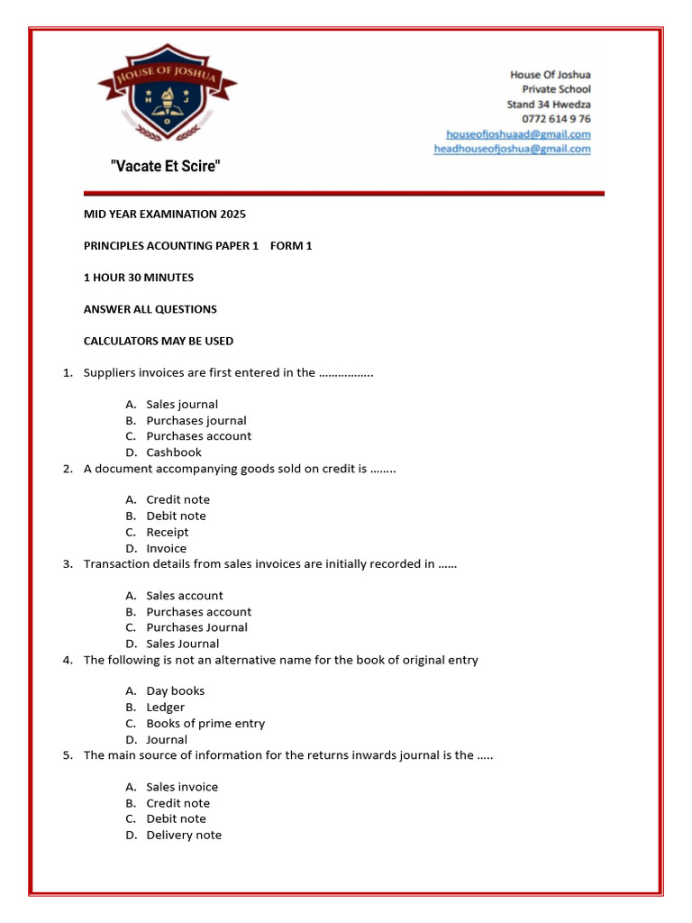 Accounts Form 1 Paper 1 | PDF | Debits And Credits | Bookkeeping