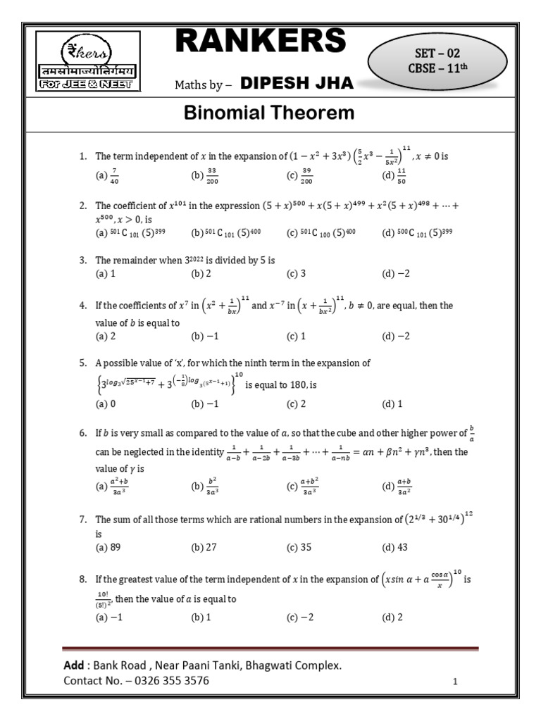 Maths - Binomial Theorem Set - 2 | PDF | Algebra | Abstract Algebra