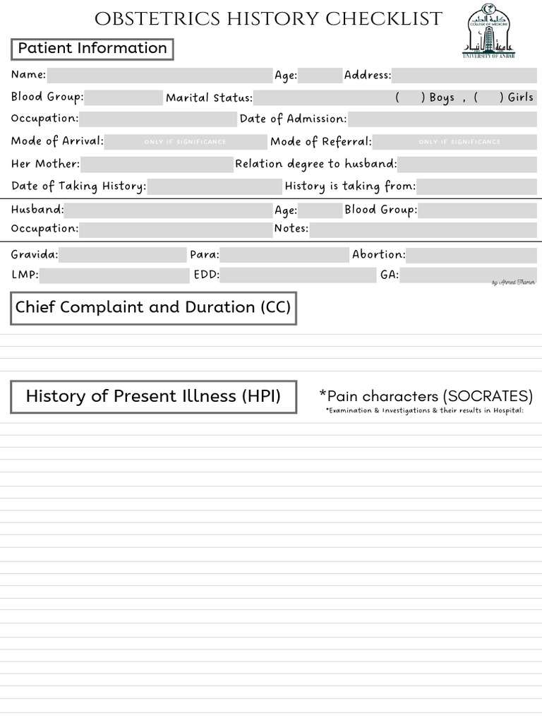 Obstetrics History Checklist | PDF | Pregnancy | Menstruation