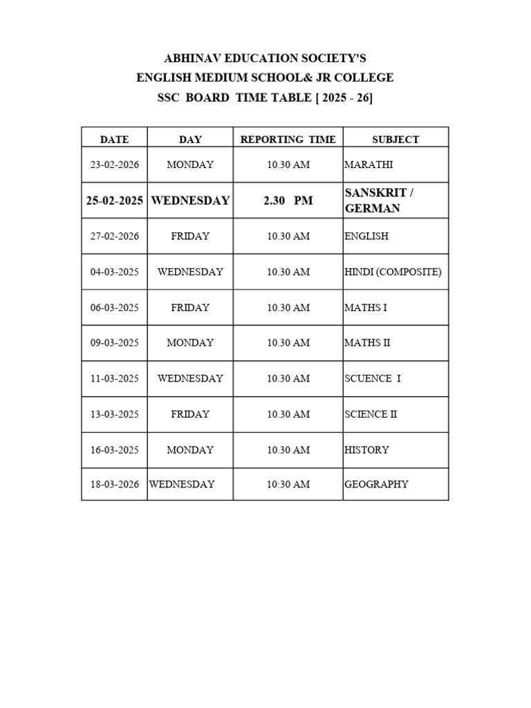 SSC Board Timetable 2026 | PDF