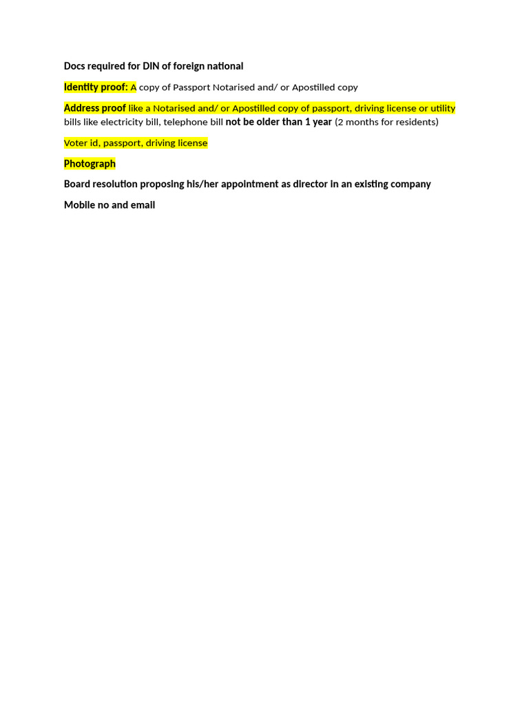 Docs Required For DIN of Foreign National | PDF