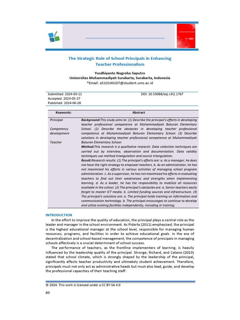The Strategic Role of School Principals in Enhancing Teacher ...