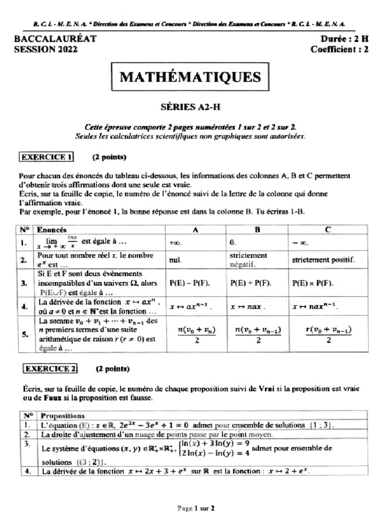 Sujet Bac Math A2 - H 2022 Et Correction | PDF | Fonction ...