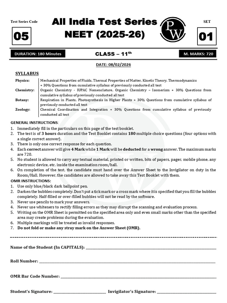 698979fed289f090f44c7595 - ## - AITS Test - 05: Test Paper | PDF ...