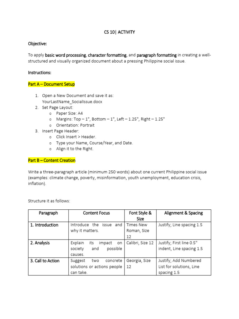 CS 10 Activity Word Processing | PDF | Microsoft Word | Typefaces