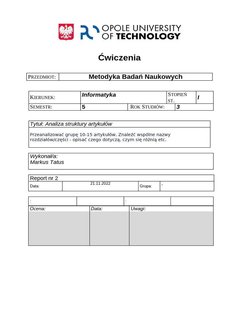 Metodyka Badań SPR - 2 Analiza Struktury Artykułu | PDF