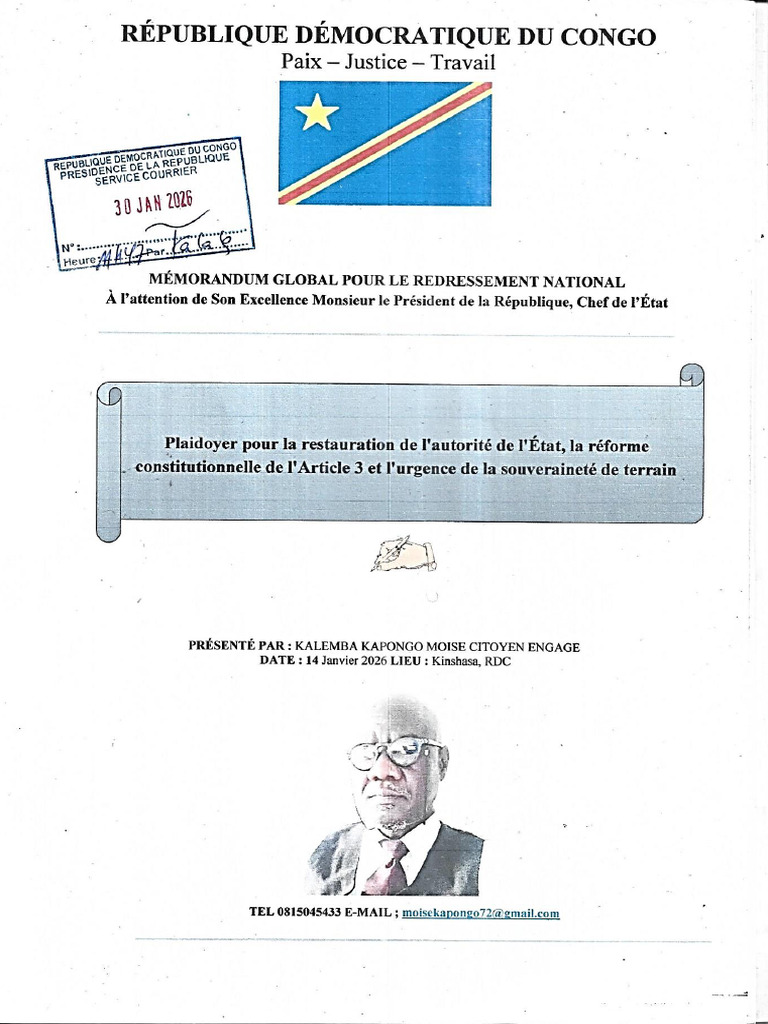 Mémorandum Global de Redressement Redressement Nationale de Kalemba ...