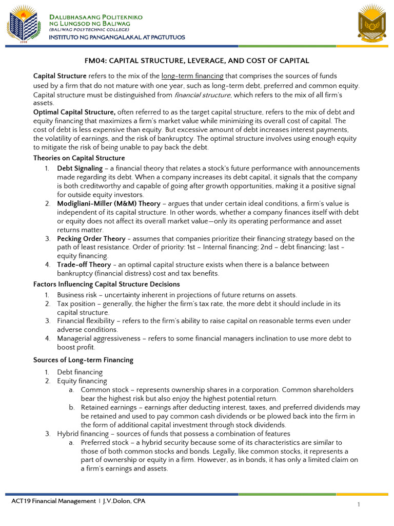 FM04 - Capital Structure, Leverage, and Cost of Capital | PDF | Capital ...