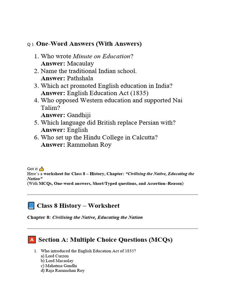 One-Word Answers (With Answers) Answer: Answer: Answer:: Minute On ...