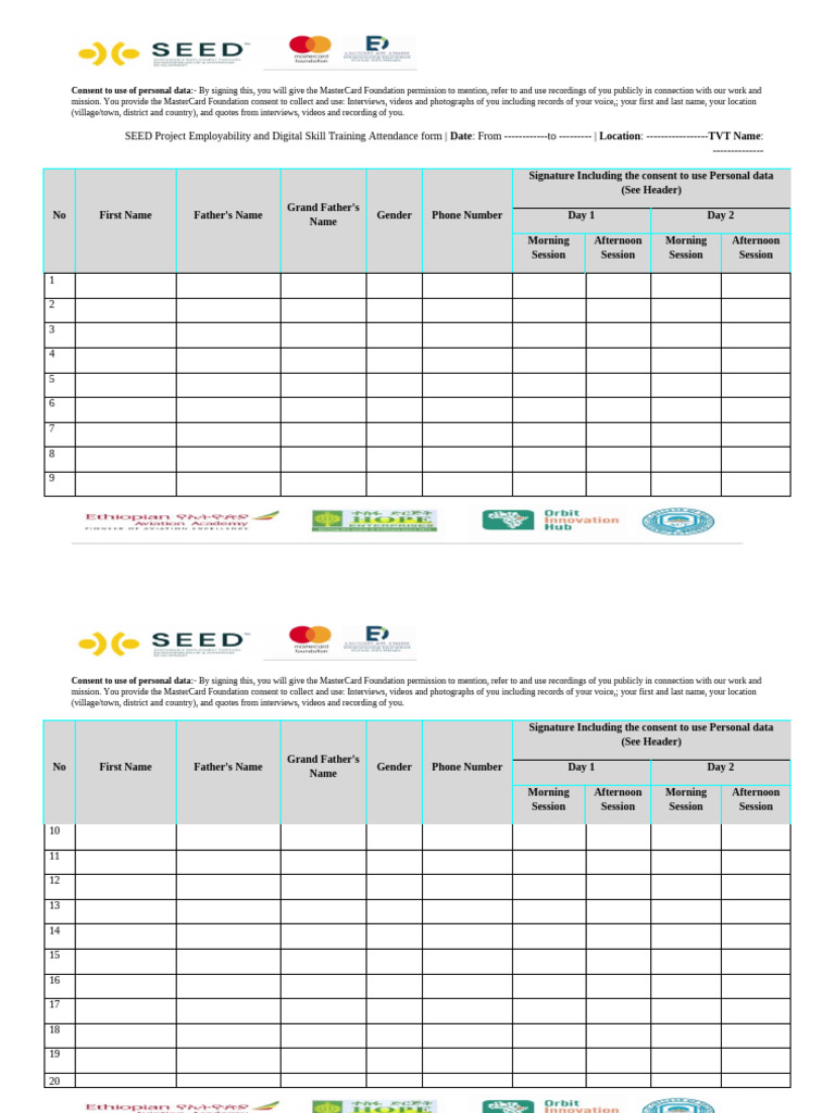 Attendance Sheet For Employability and Digital Skill Trainee SEED | PDF