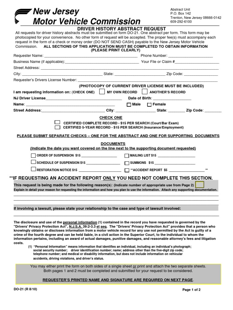 NJ Driver History Abstract Request Form | PDF | Personally Identifiable Information | Lawsuit
