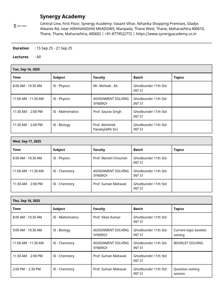 Updated Ghodbunder 11th STD INT S1 & S2 (Bio) Batch Timetable of Week ...