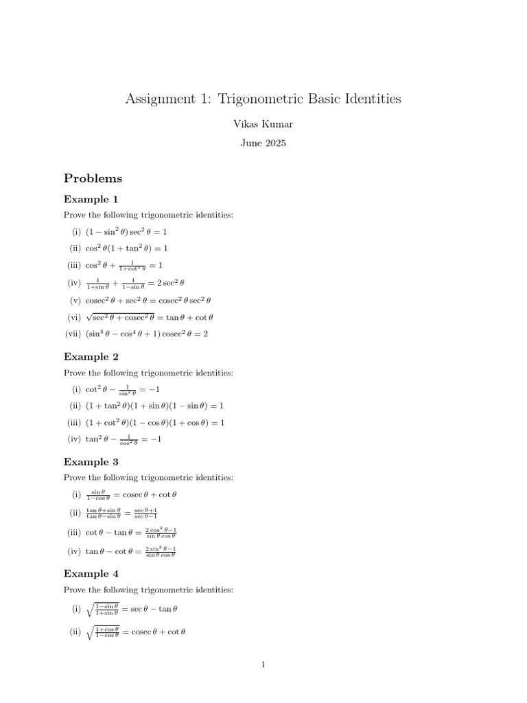Assignment 1 Basic Trigonometric Identities | PDF | Geometry | Mathematics
