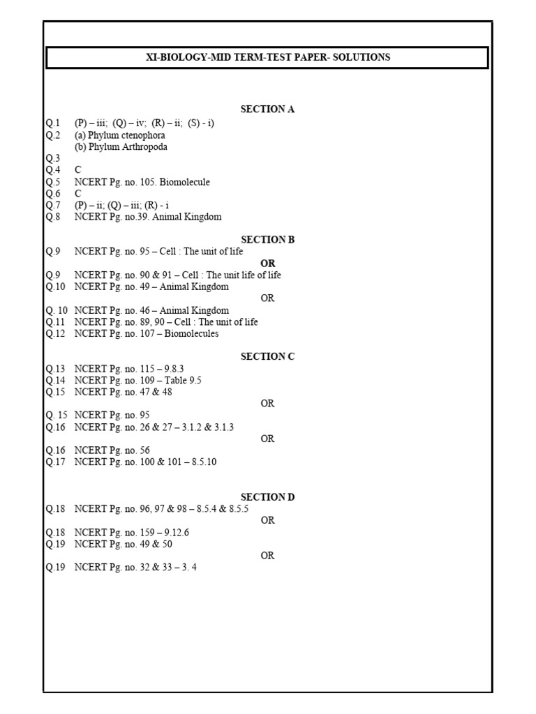 XI Mid Term Biology Solutions-13!10!2025 | PDF
