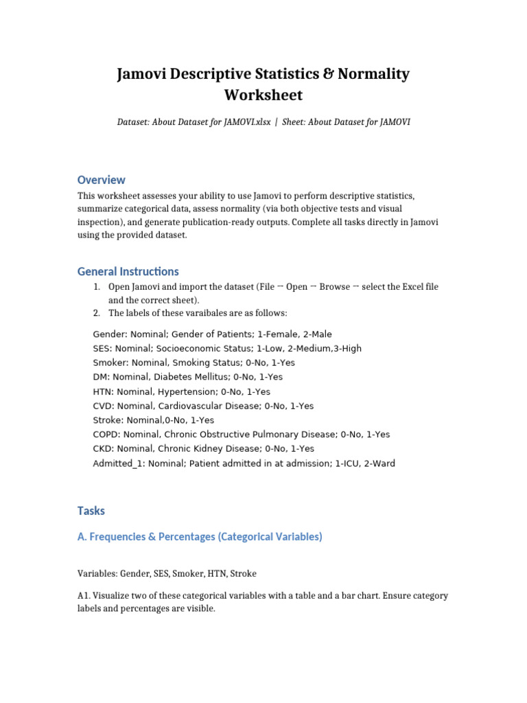 Jamovi Descriptives Normality Worksheet | PDF | Skewness | P Value