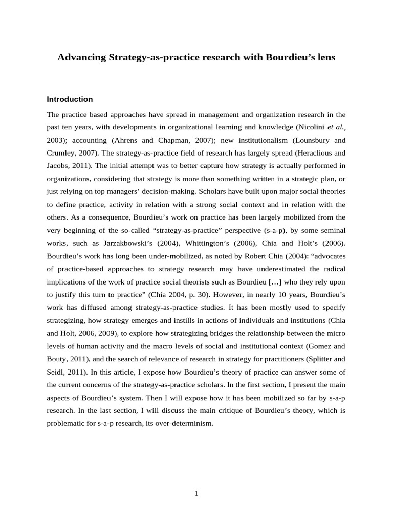 Advancing Strategy-As-Practice Research With Bourdieu's Lens | PDF