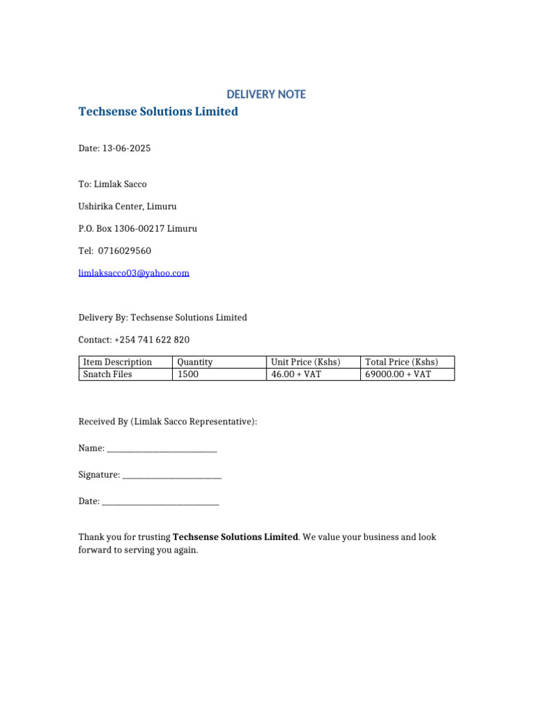 Delivery Note Techsense Limlak | PDF