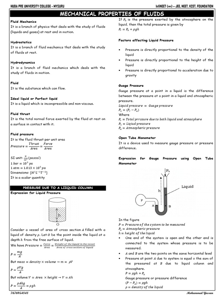 Mechanical Properties of Fluids | PDF | Pressure | Lift (Force)