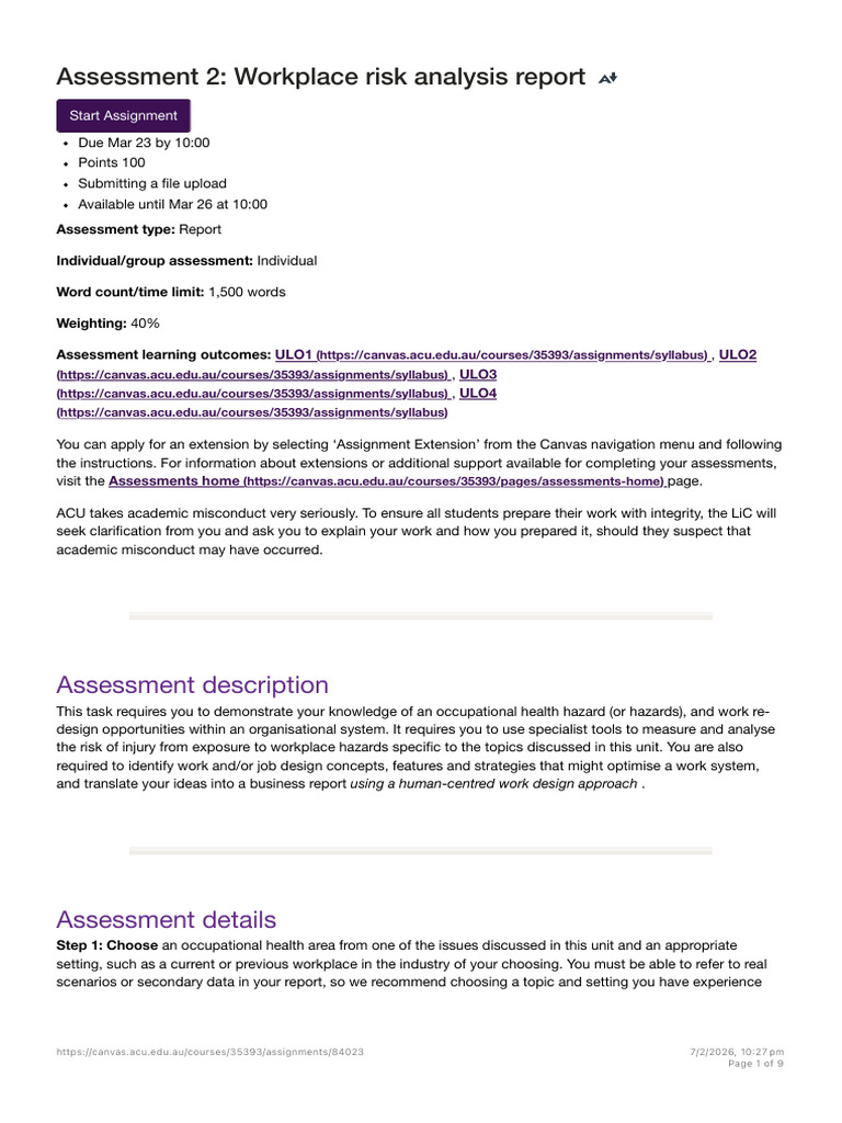 Assessment 2 - Workplace Risk Analysis Report | PDF | Occupational ...
