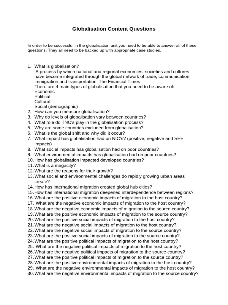 Globalisation Content Questions | PDF | Globalization | Human Migration
