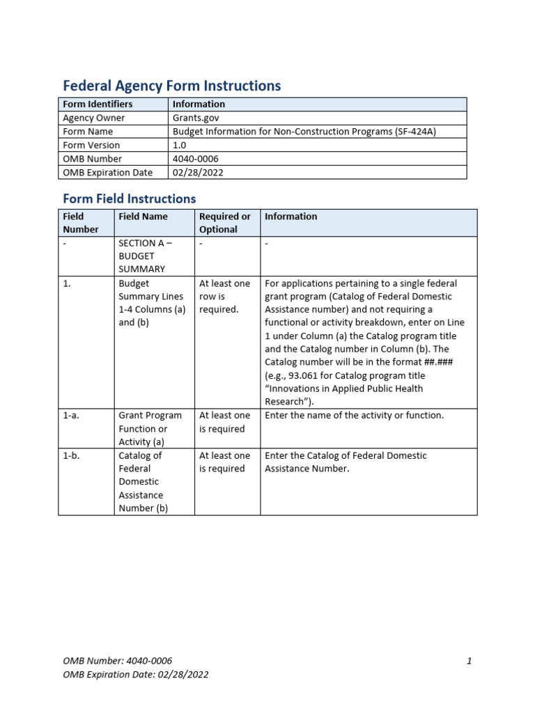 SF424A V1.0 Instructions | PDF | Office Of Management And Budget ...