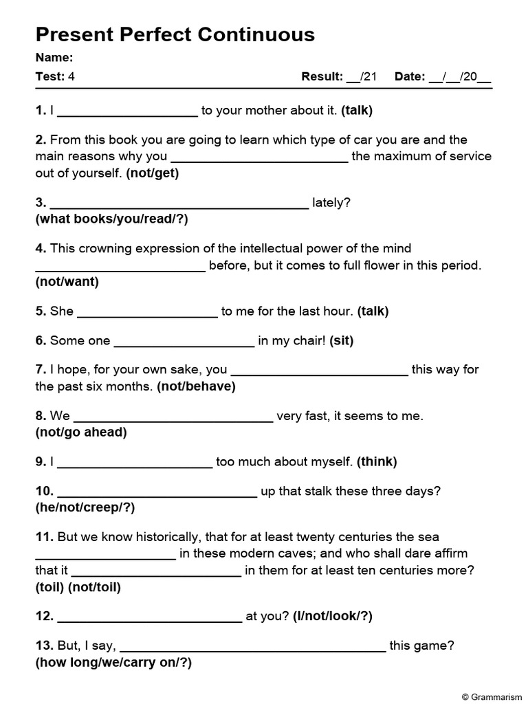 Grammarism Present Perfect Continuous Test 4 1898527 | PDF