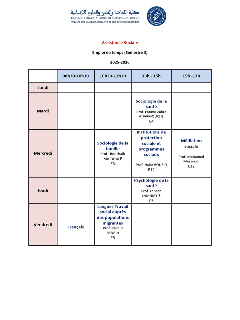 Emploi Du Temps Assistance Sociale S3 2025 | PDF