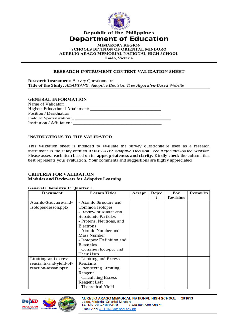Research Instrument Content Validation Sheet | PDF | Molecules ...