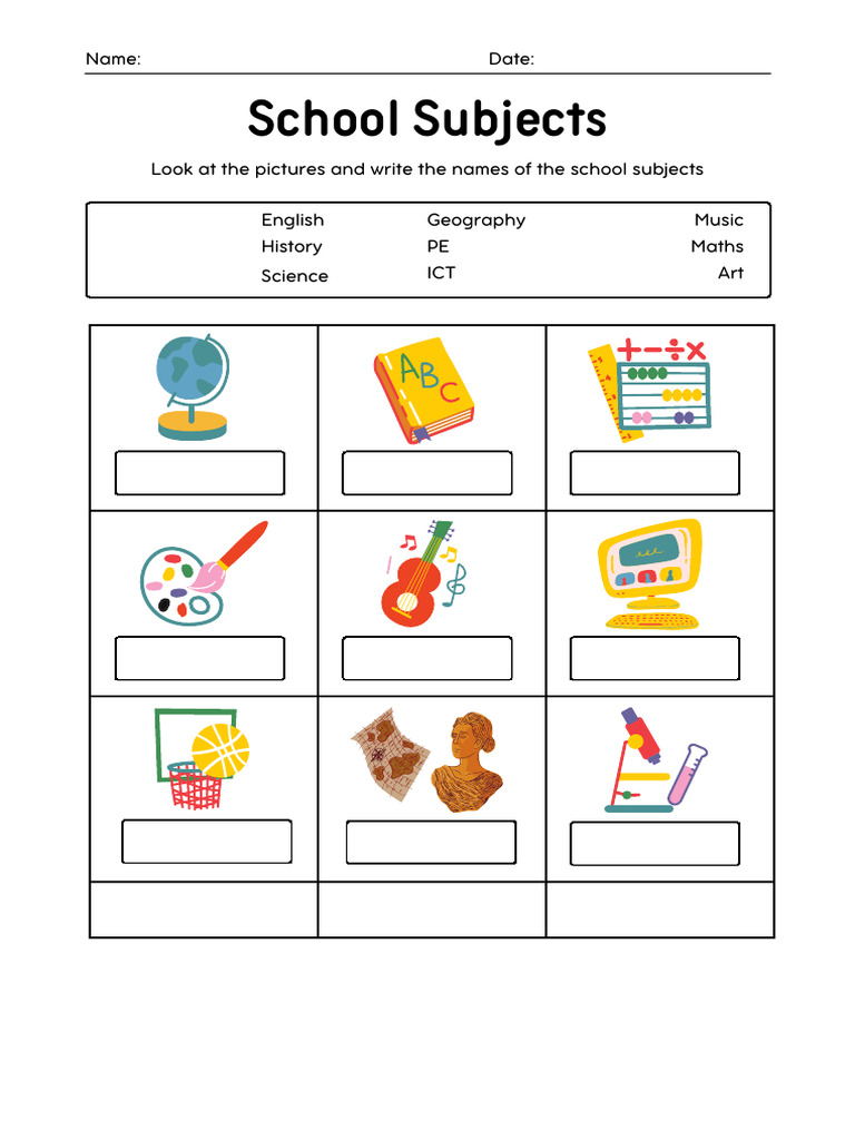 School Subjects Vocabulary Worksheet in Colorful Simple Style | PDF